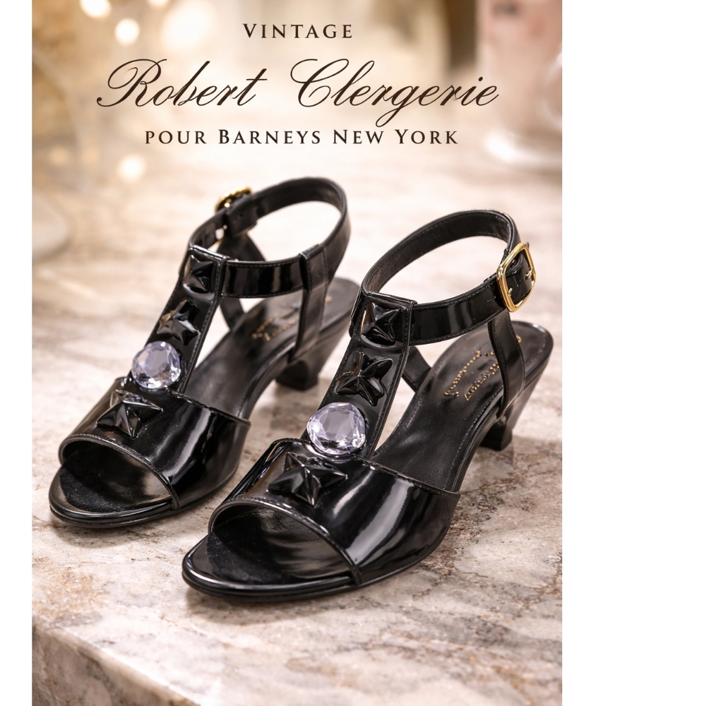 Vintage Robert Clergerie Black Patent Leather T-Strap Sandals Size 8 Embellished